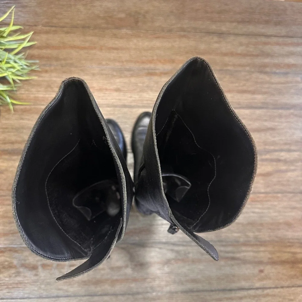 Franco‎ Sarto Black Leather Riding Tall Boots Zip Buckle Block Heel Womens 5.5